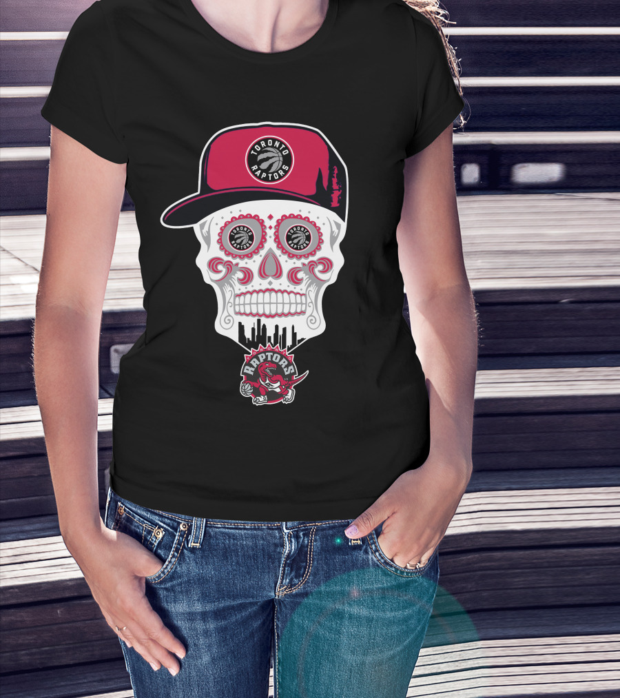 Toronto Raptors Logo Skull With Hat And Skyline T-Shirt