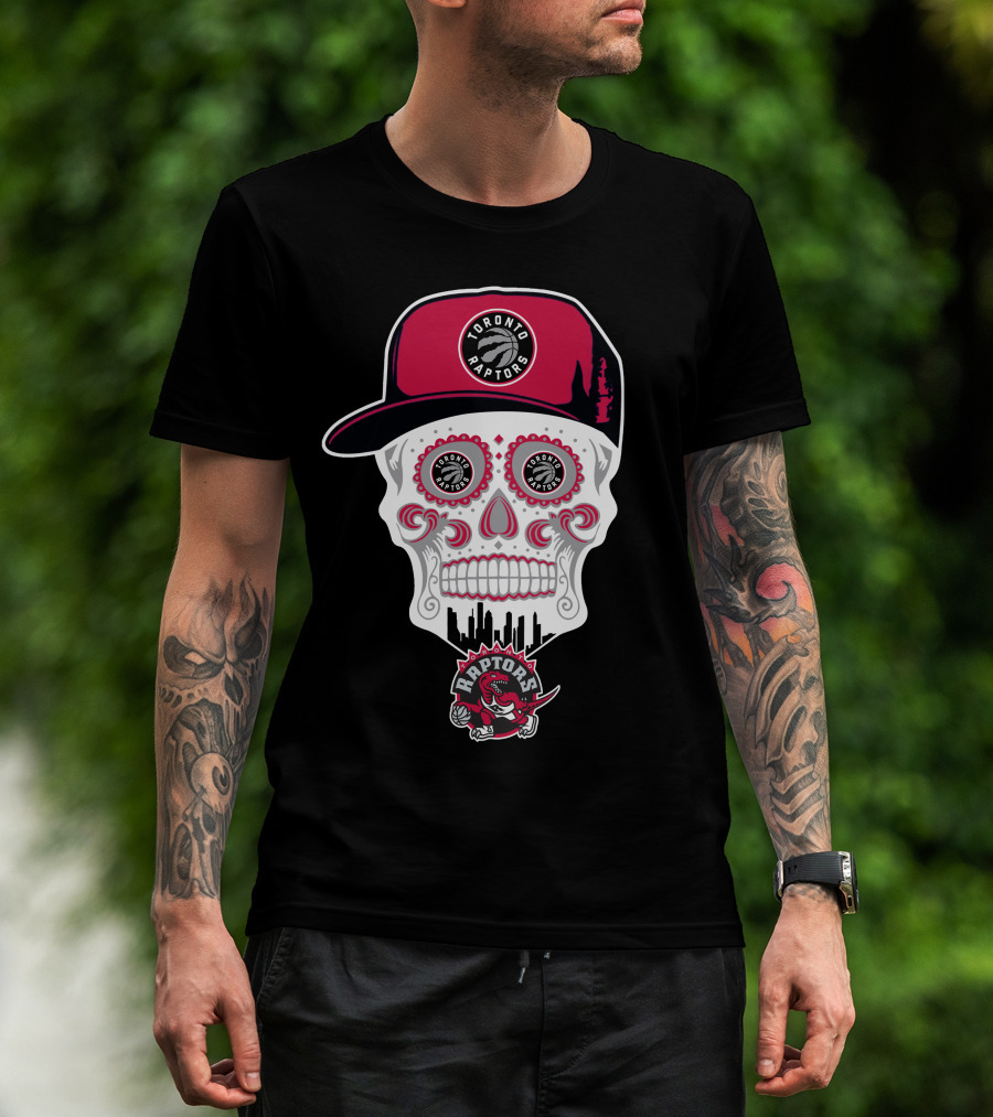 Toronto Raptors Logo Skull With Hat And Skyline T-Shirt
