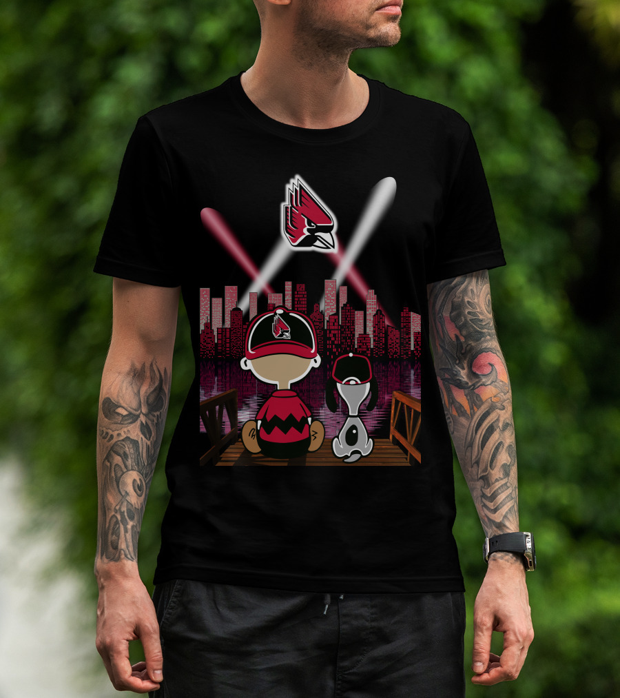 Ball State Cardinals City By Night Skyline Kids And Dog With Spotlight T-Shirt