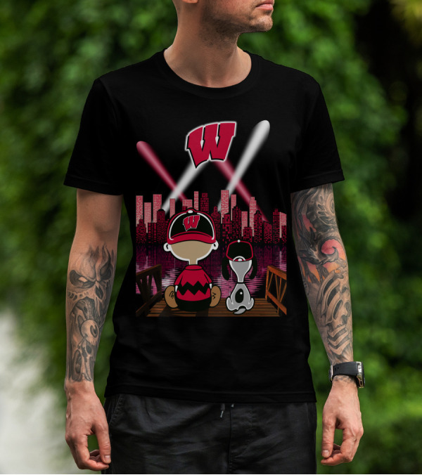 Wisconsin Badgers Night City Skyline With Cartoon Characters T-Shirt