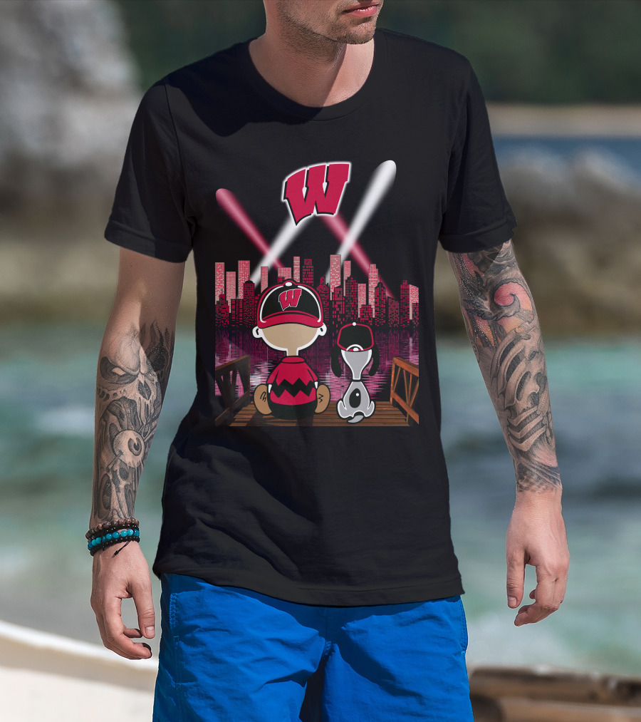 Wisconsin Badgers Night City Skyline With Cartoon Characters T-Shirt