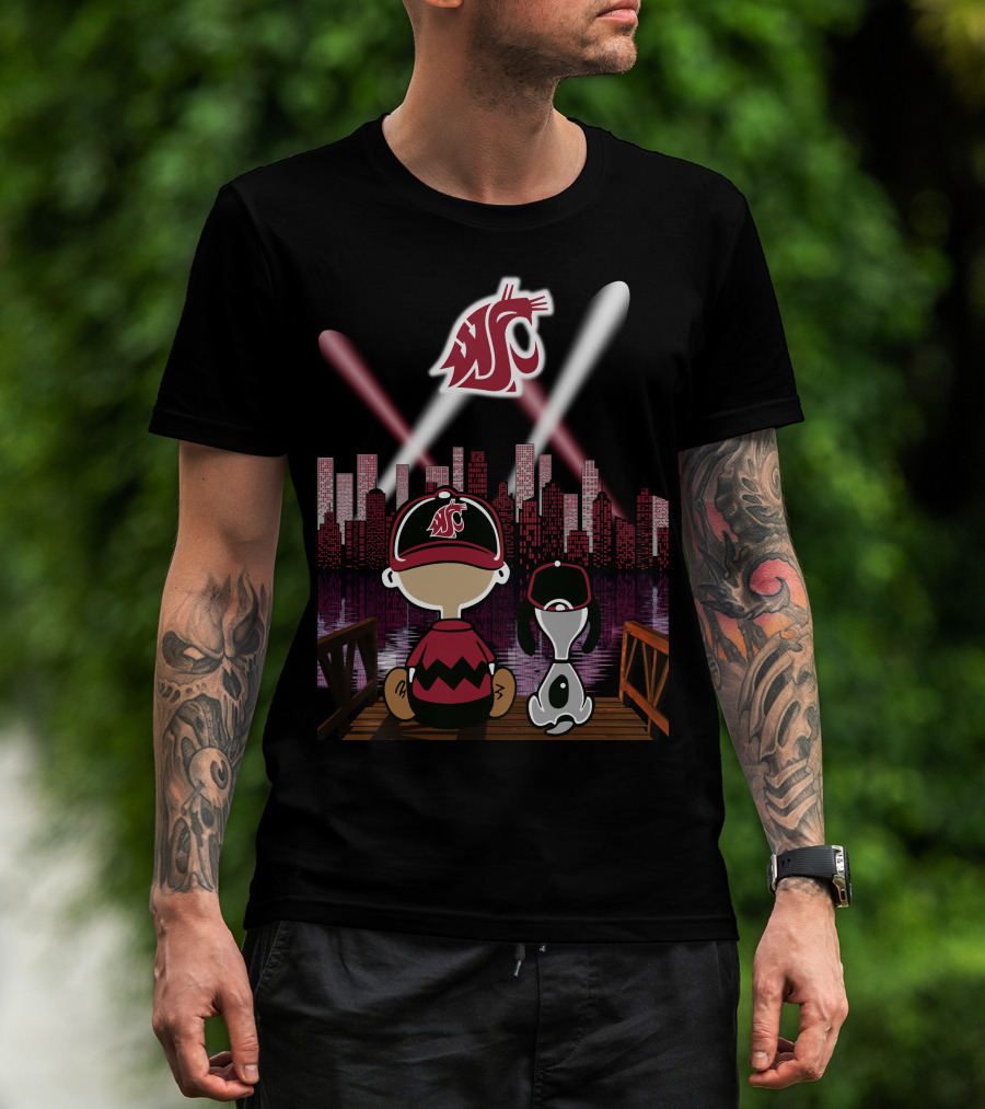 Washington State Cougars City Skyline At Night With Characters T-Shirt