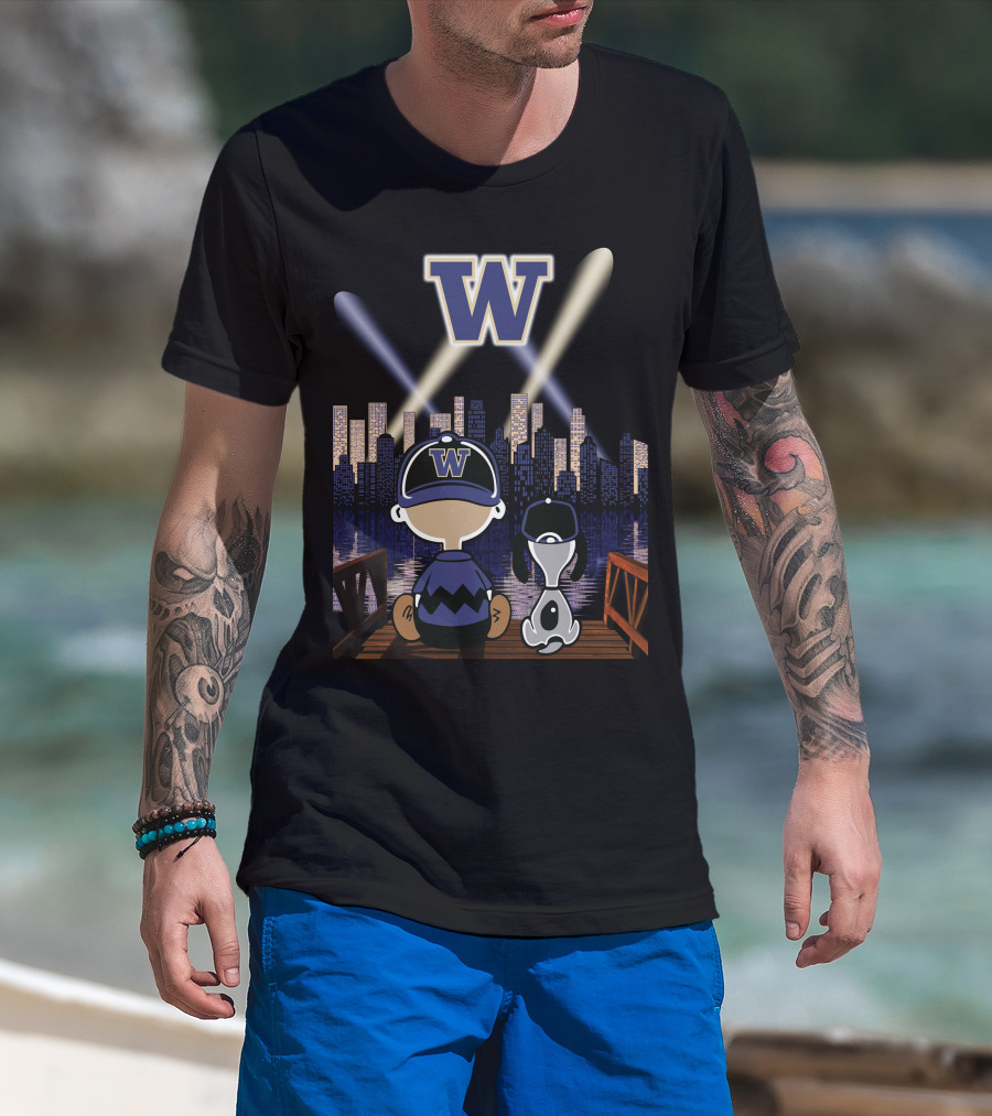 W Washington Huskies City Skyline At Night With Baseball Cap Characters T-Shirt