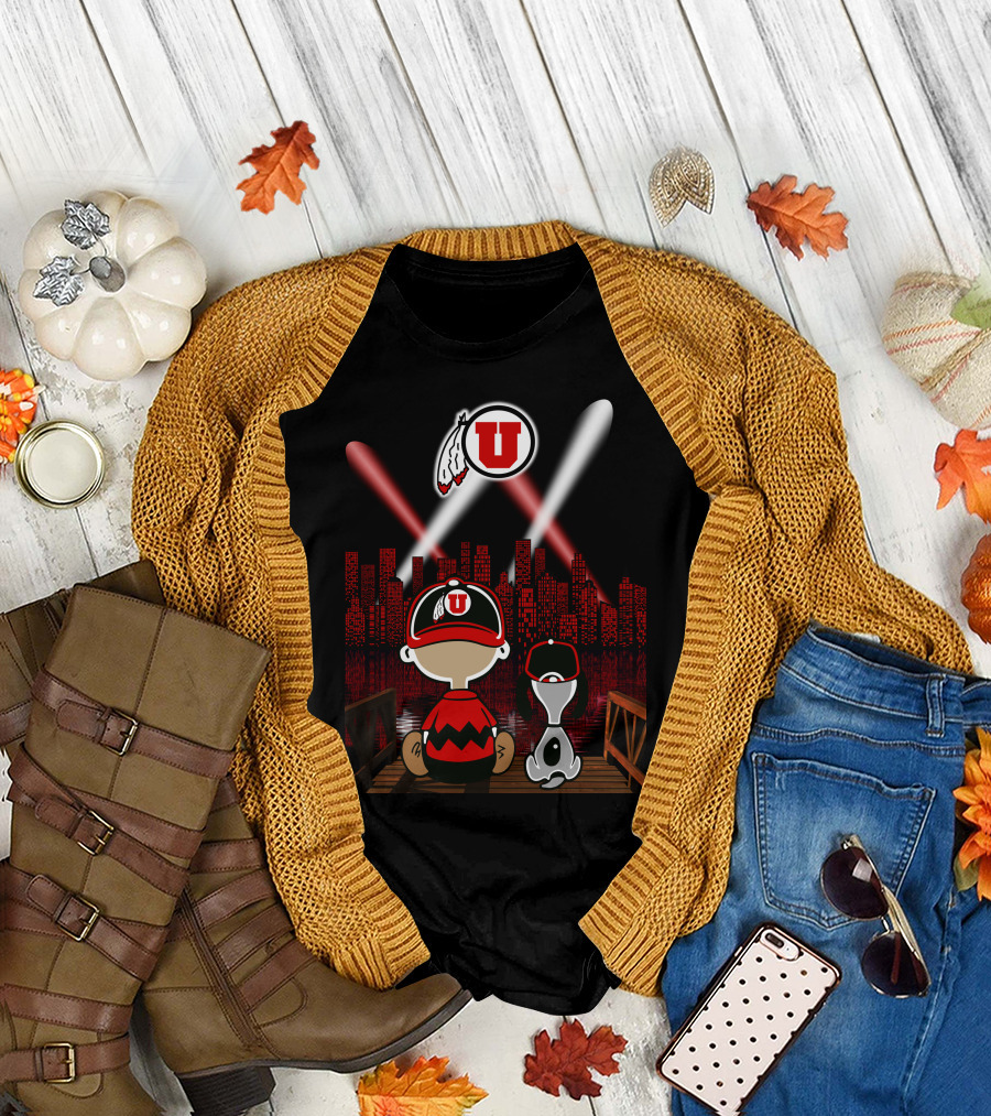 Utah Utes City Skyline Night Scene With Cartoon Characters T-Shirt