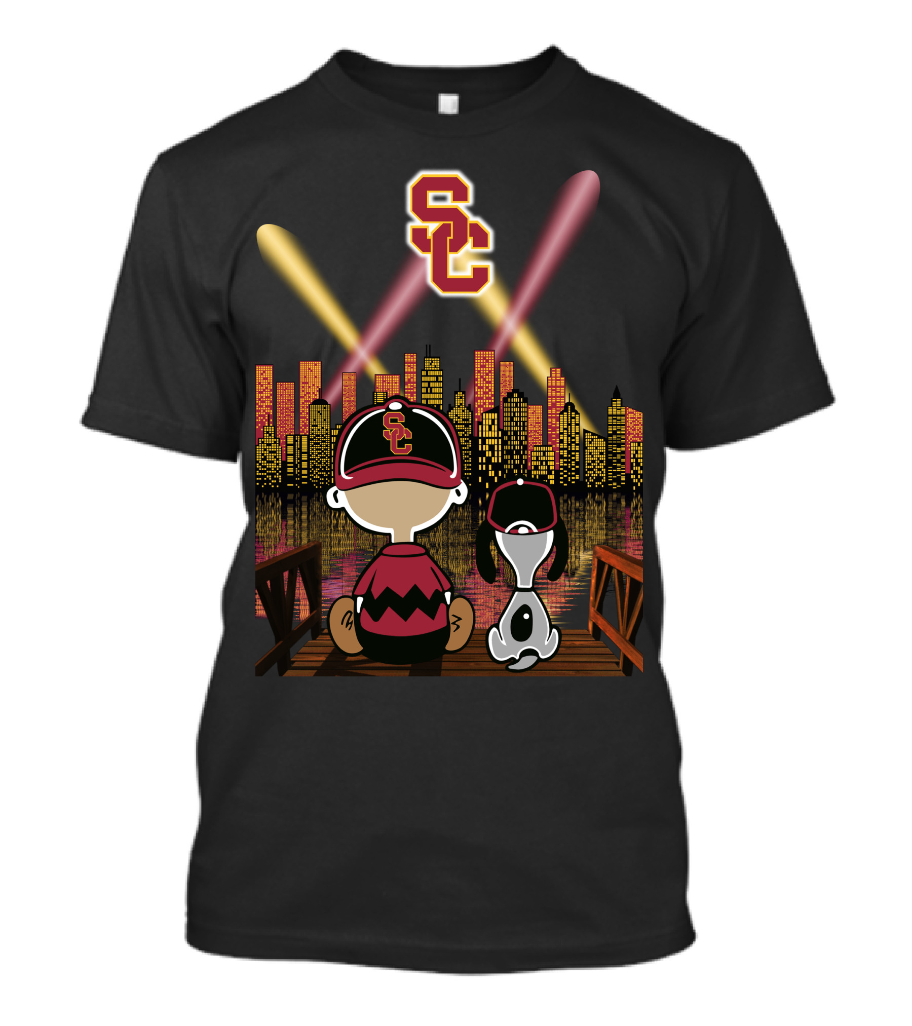 Usc Trojans Nighttime Cityscape With Cartoon Figures T-Shirt