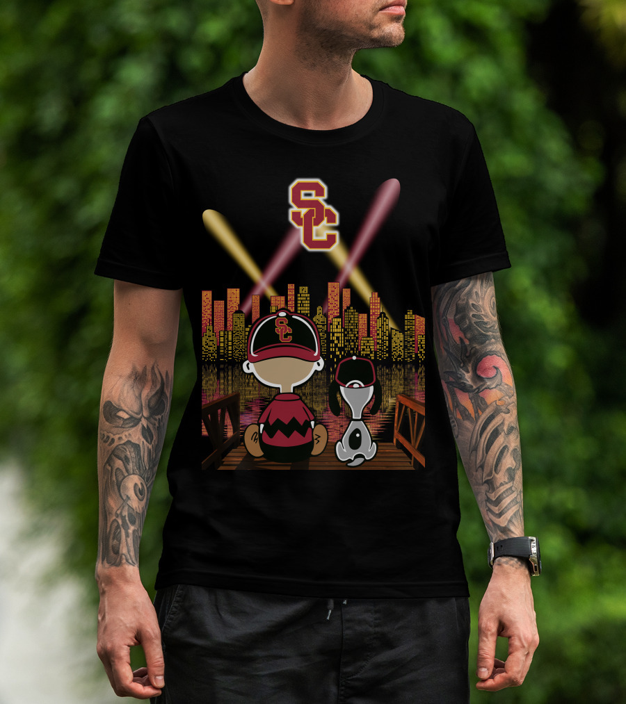 Usc Trojans Nighttime Cityscape With Cartoon Figures T-Shirt