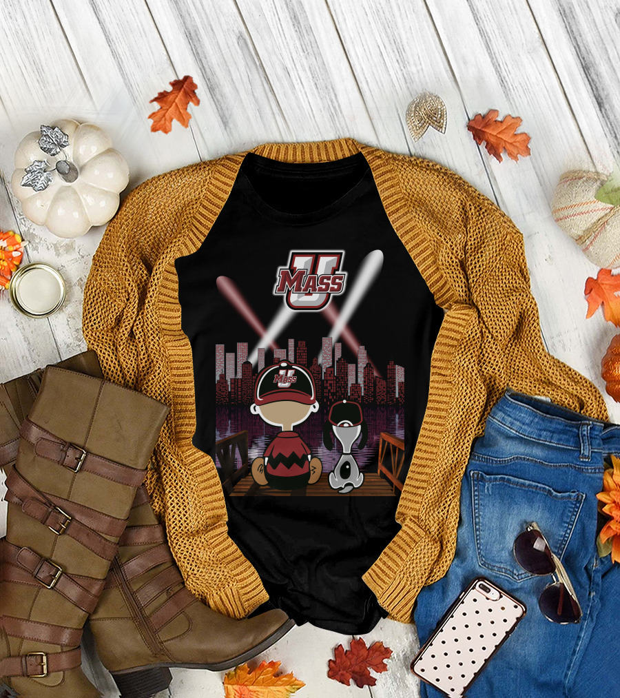 Umass Minutemen Downtown Skyline At Night With Cartoon Duo T-Shirt