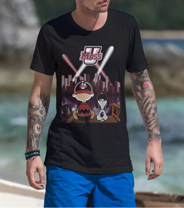 Umass Minutemen Downtown Skyline At Night With Cartoon Duo T-Shirt