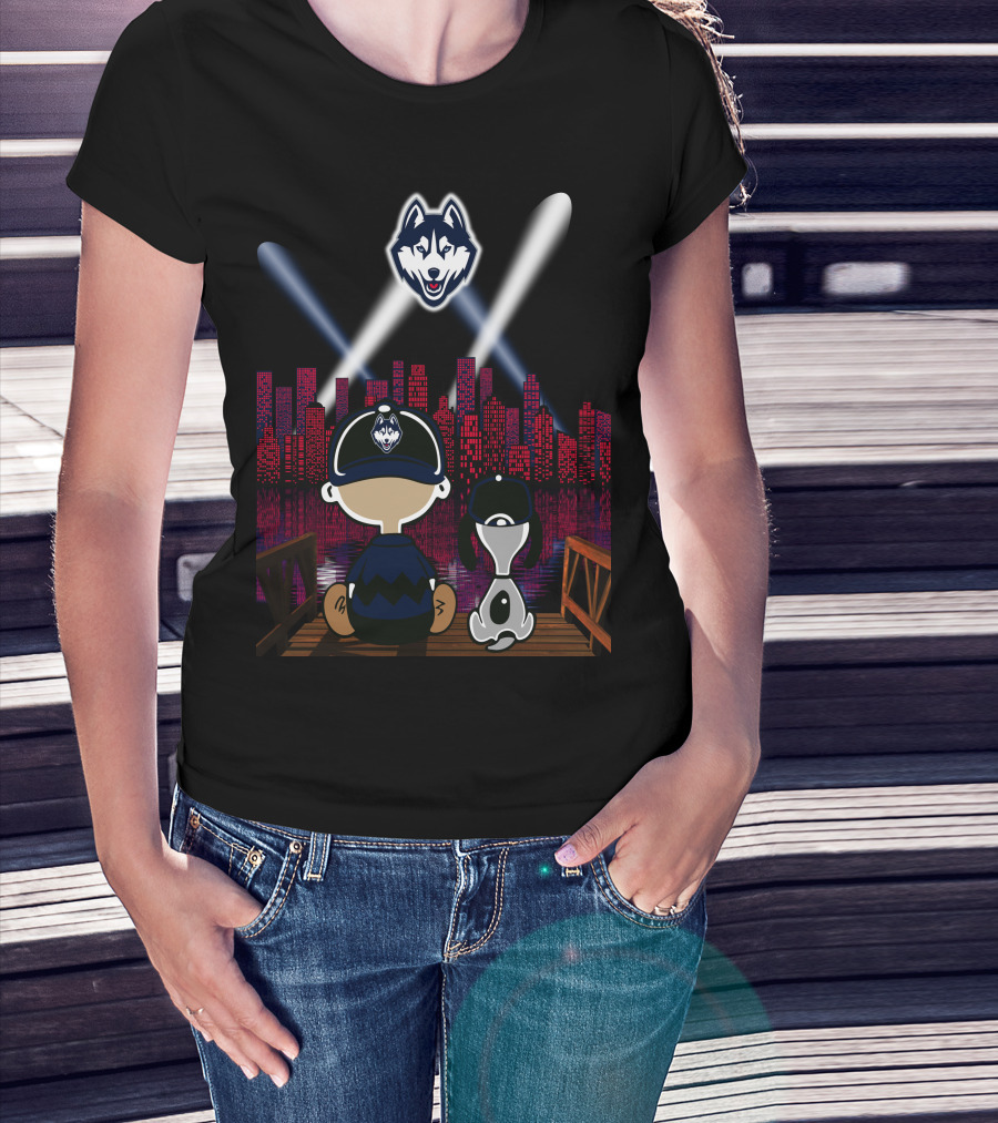 Uconn Huskies Skyline Night Lights With Cartoon Characters And Dog T-Shirt