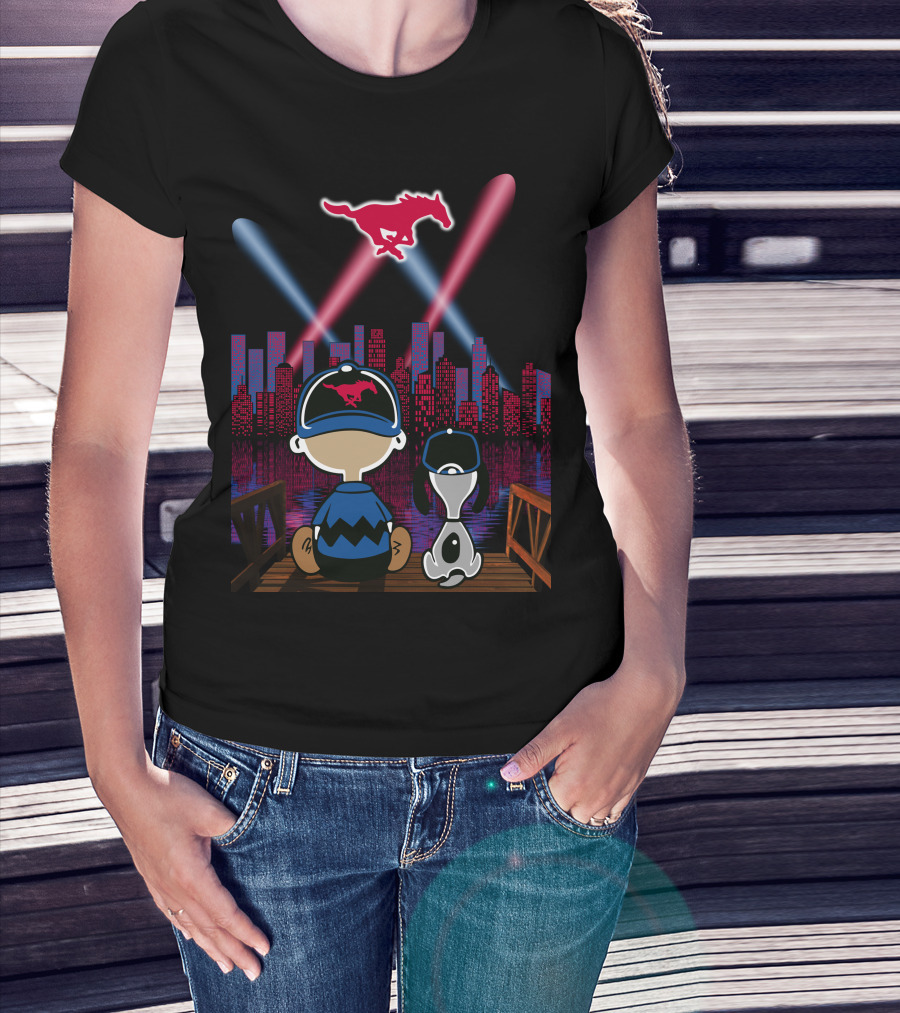 Smu Mustangs Snoopy And Friend City Skyline Night Scene T-Shirt