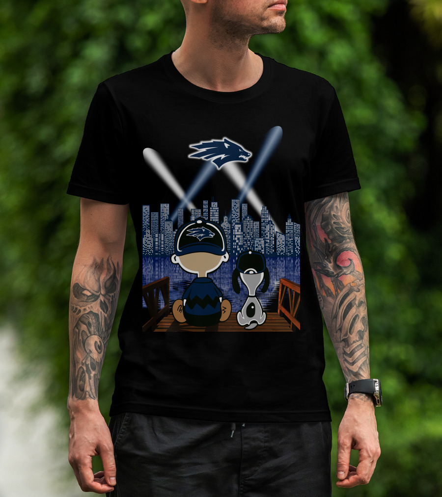 Nevada Wolf Pack Skyline At Night With Mascot And Cartoon Duo T-Shirt