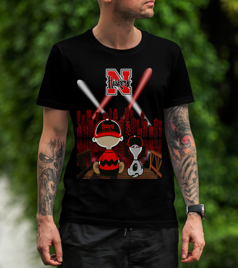 Huskers City By Night With N Logo And Iconic Cartoon Characters On A Bridge T-Shirt