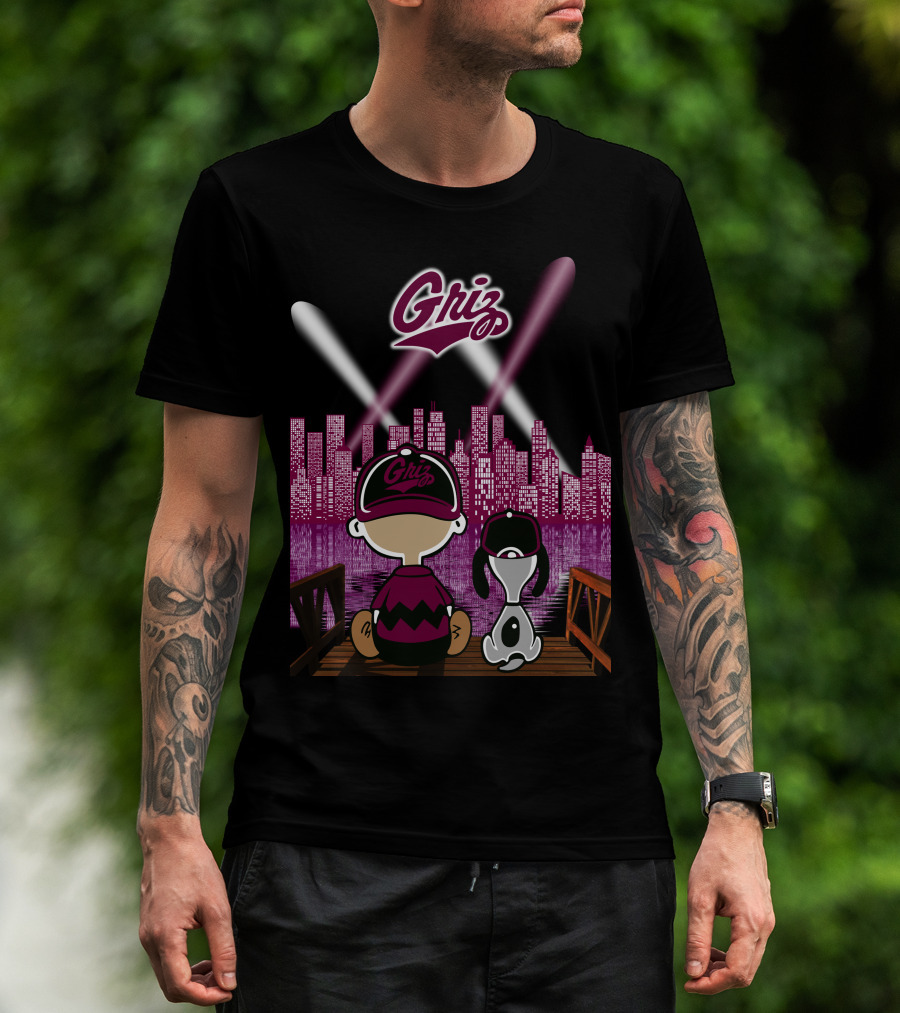 Griz 53 Montana Grizzlies City By Night Skyline With Dog And Child On Bridge T-Shirt