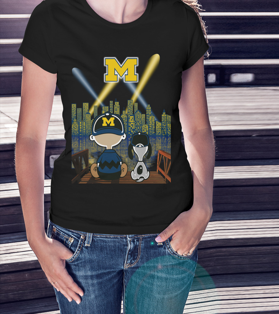 M Michigan Wolverines City By Night Skyline And Characters T-Shirt
