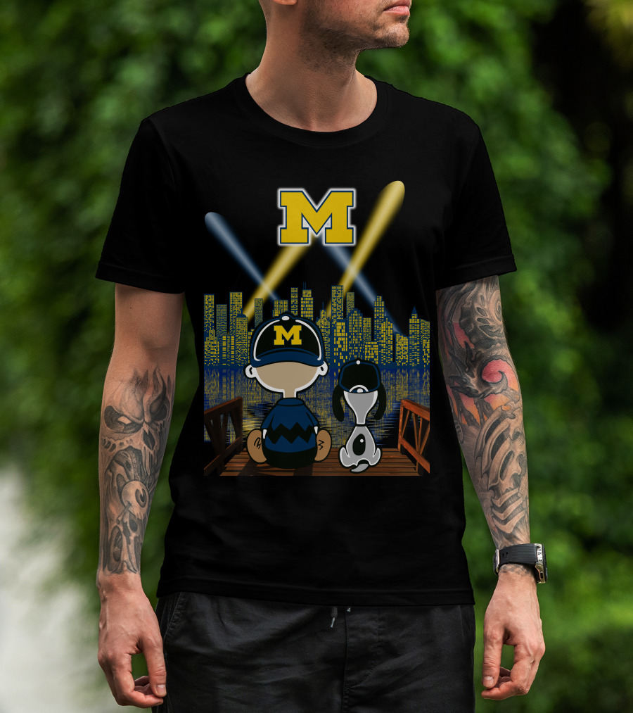 M Michigan Wolverines City By Night Skyline And Characters T-Shirt
