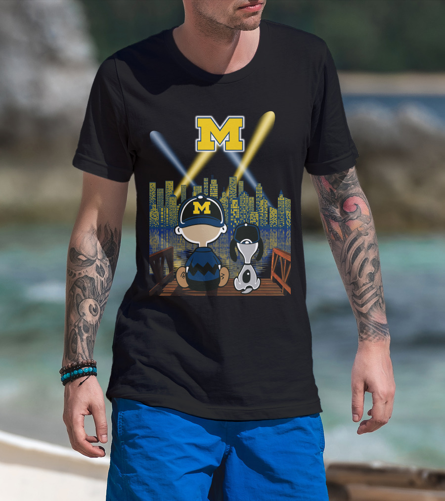 M Michigan Wolverines City By Night Skyline And Characters T-Shirt