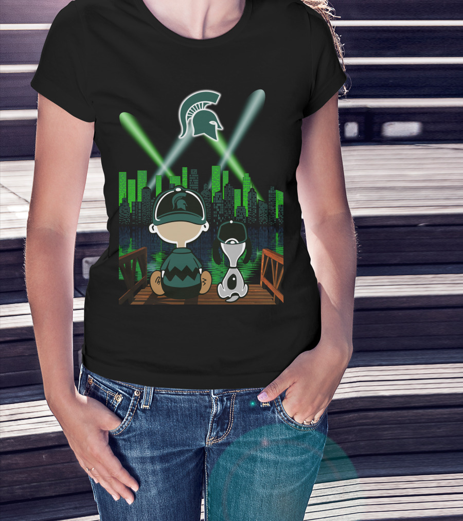 Michigan State Spartans Night City Skyline With Cartoon Characters And Spartan T-Shirt