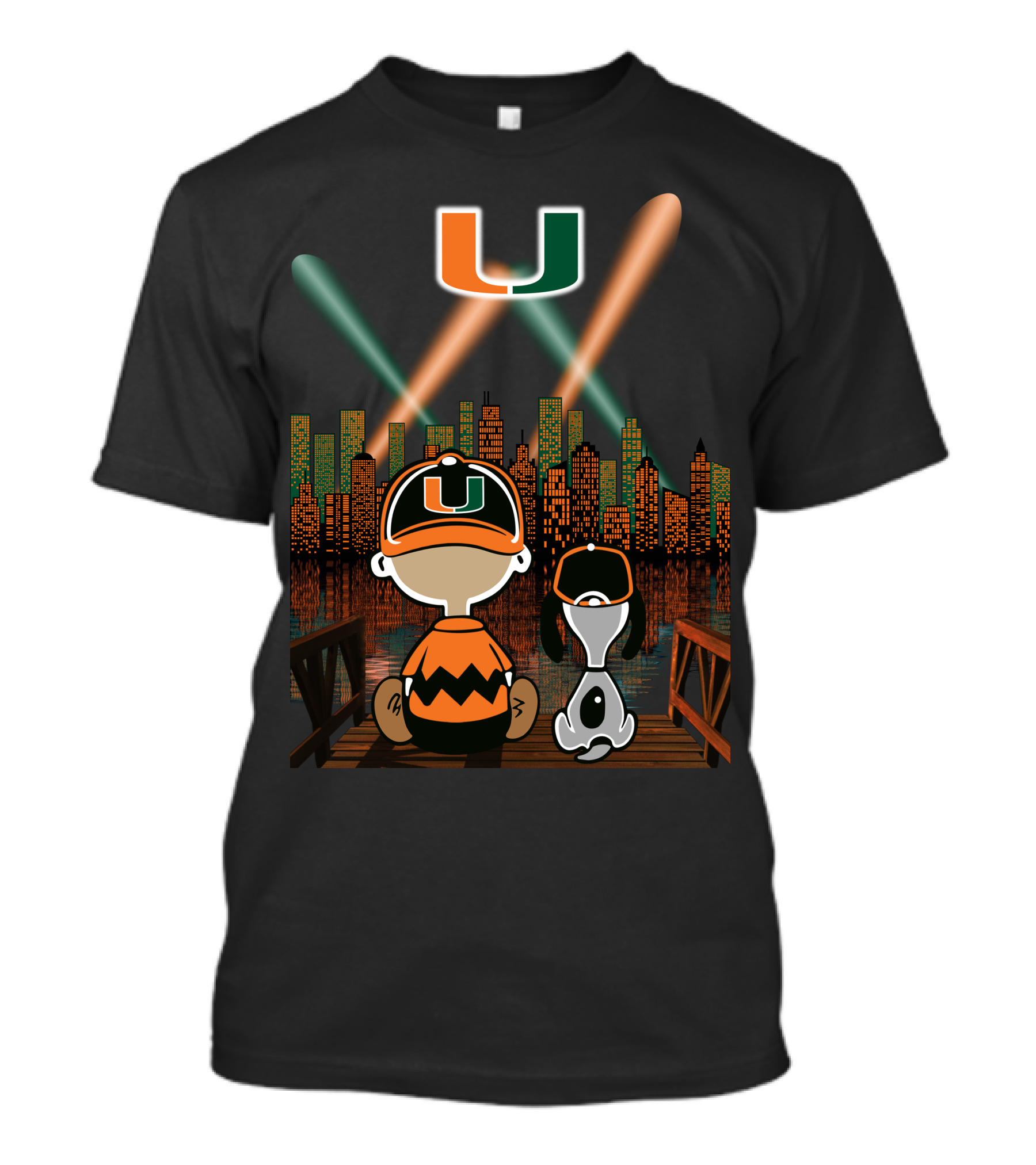 Miami Hurricanes City By Night Skyline Reflections With Characters T-Shirt