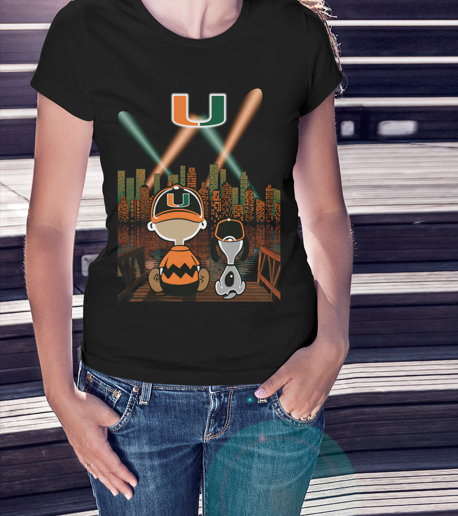 Miami Hurricanes City By Night Skyline Reflections With Characters T-Shirt