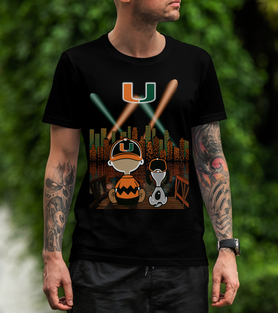Miami Hurricanes City By Night Skyline Reflections With Characters T-Shirt