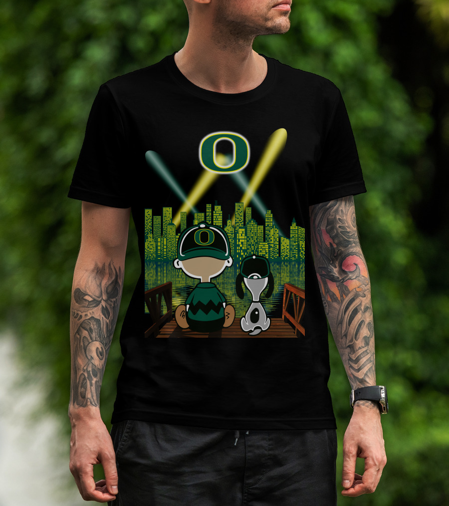 Oregon Ducks Nighttime Cityscape With Cartoon Characters And Stadium Lights T-Shirt