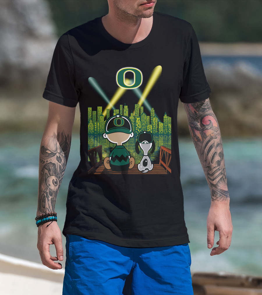Oregon Ducks Nighttime Cityscape With Cartoon Characters And Stadium Lights T-Shirt