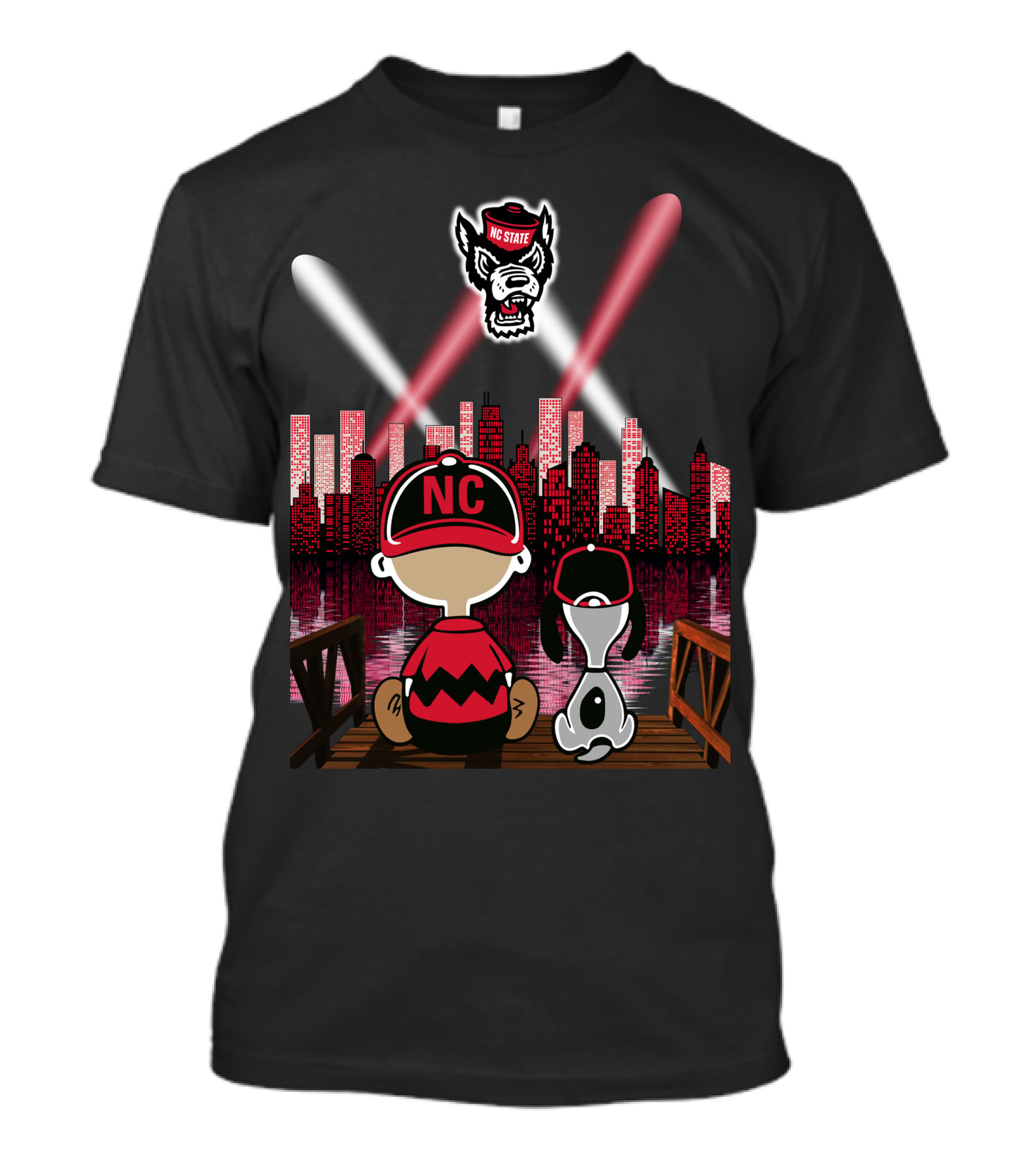 Nc State Wolfpack City By Night With Peanuts Characters And Skyline T-Shirt