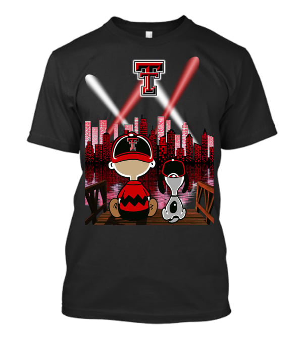 Texas Tech Red Raiders T Logo At Night With Character And Dog By City Skyline T-Shirt