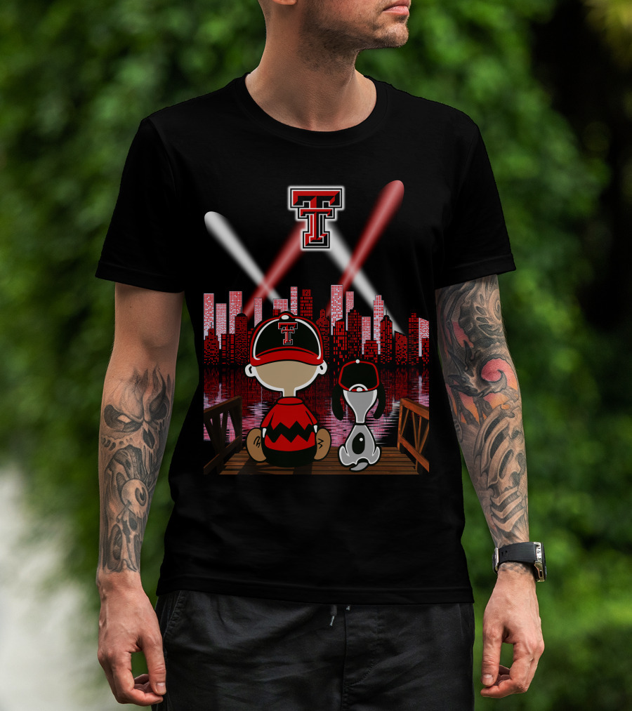 Texas Tech Red Raiders T Logo At Night With Character And Dog By City Skyline T-Shirt