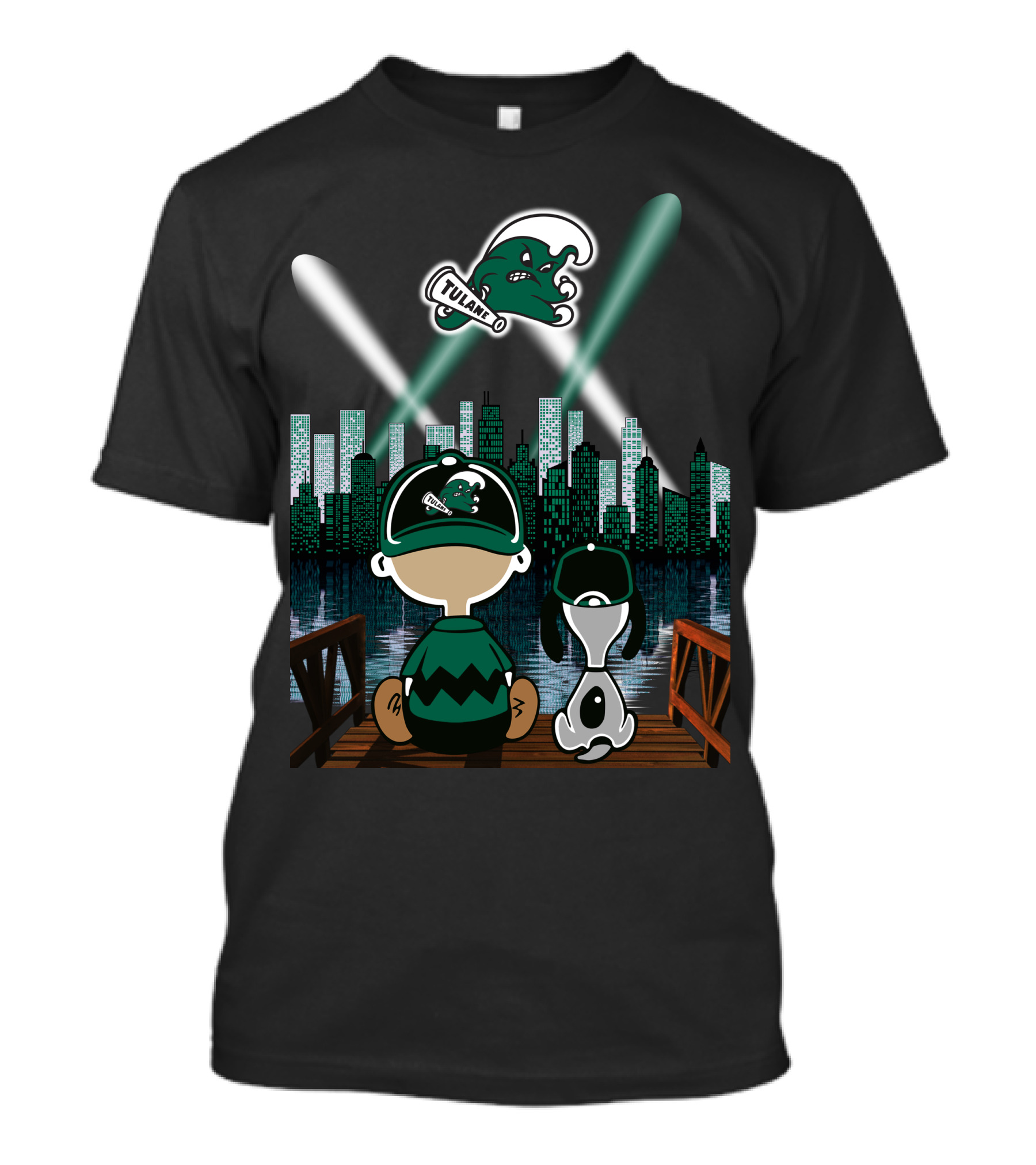 Tulane Green Wave City Skyline Featuring Iconic Characters And Baseball Cap Logo By Night T-Shirt