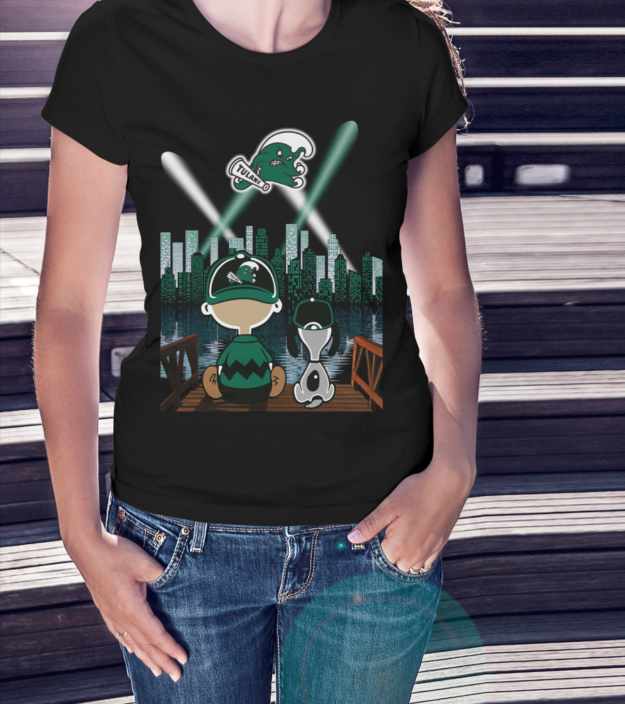 Tulane Green Wave City Skyline Featuring Iconic Characters And Baseball Cap Logo By Night T-Shirt