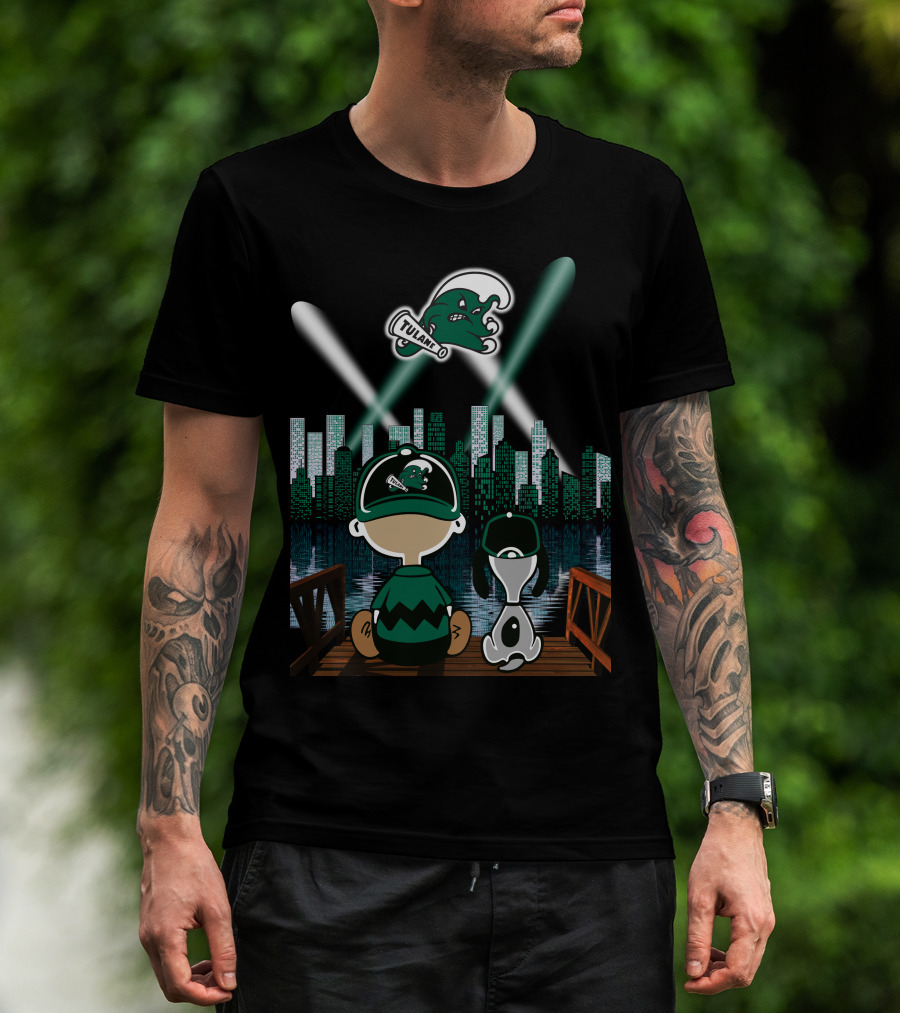 Tulane Green Wave City Skyline Featuring Iconic Characters And Baseball Cap Logo By Night T-Shirt