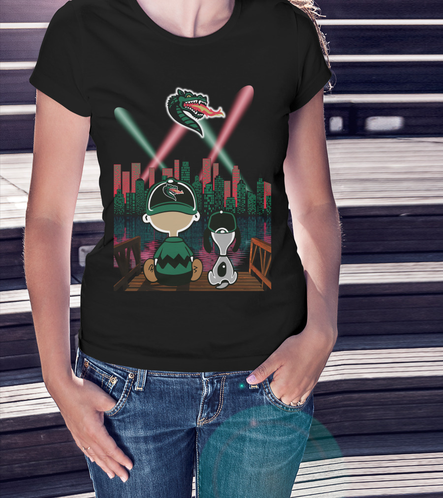 Uab Blazers Dragon Logo Over City Skyline With Cartoon Characters On Bridge At Night T-Shirt