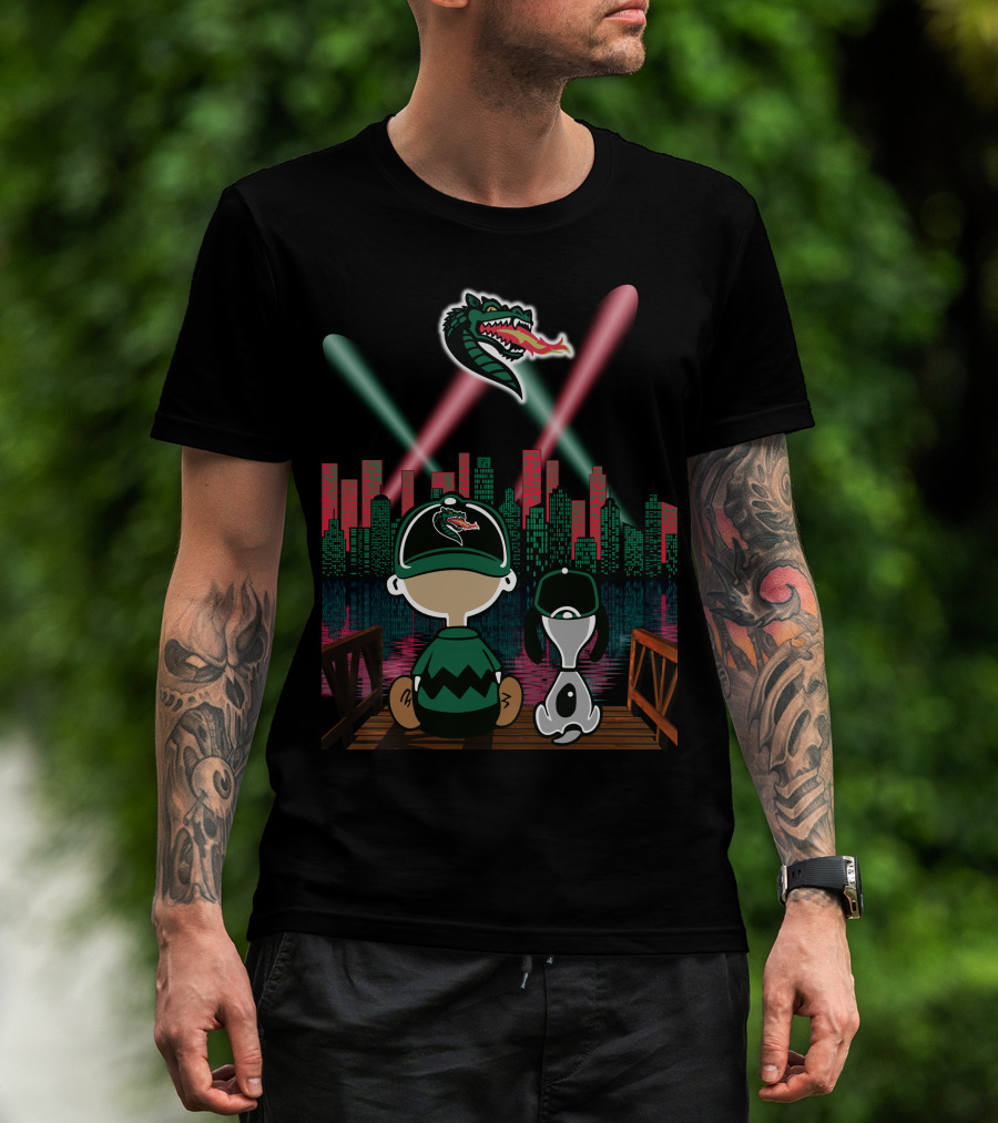 Uab Blazers Dragon Logo Over City Skyline With Cartoon Characters On Bridge At Night T-Shirt