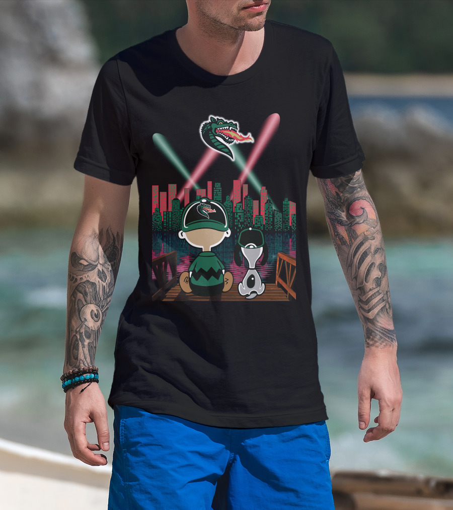 Uab Blazers Dragon Logo Over City Skyline With Cartoon Characters On Bridge At Night T-Shirt