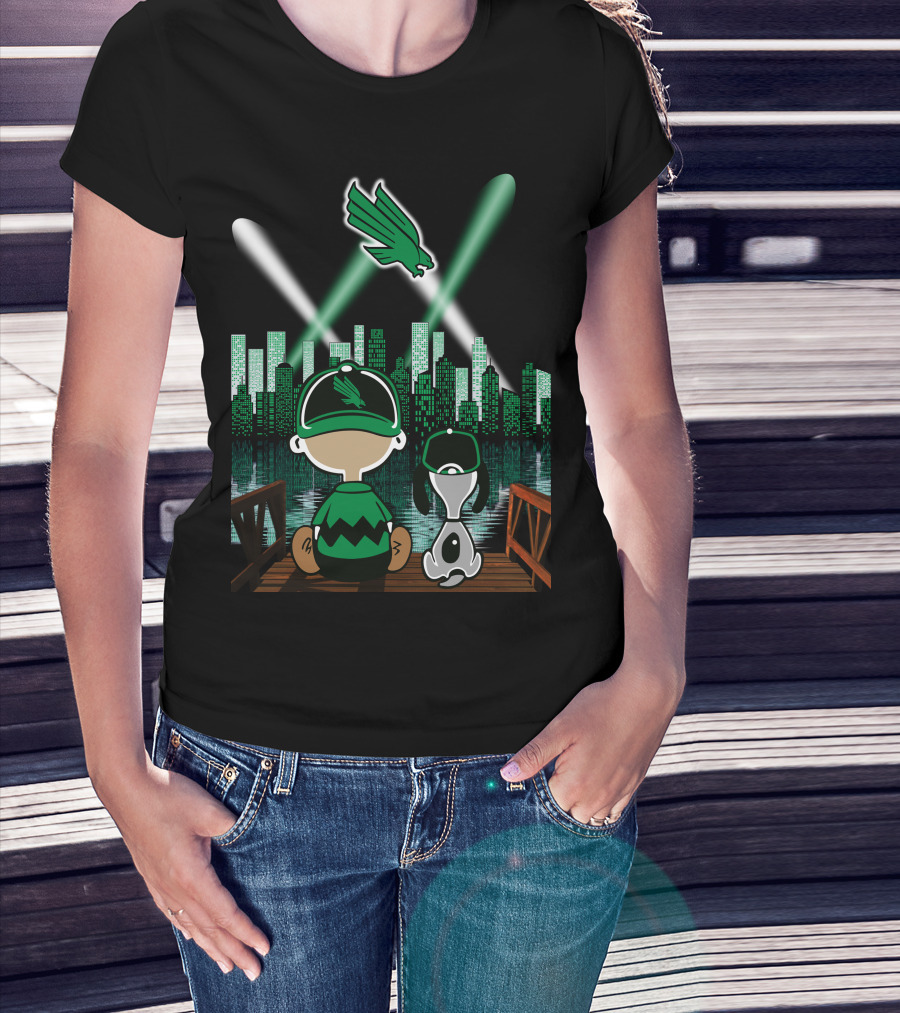 North Texas Mean Green City By Night Skyline With Cartoon Characters And Flying Bird T-Shirt