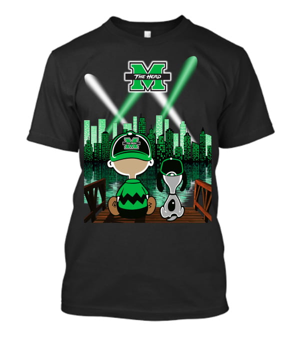 Marshall Thundering Herd Night Cityscape With Mascot And Dog On Bridge T-Shirt