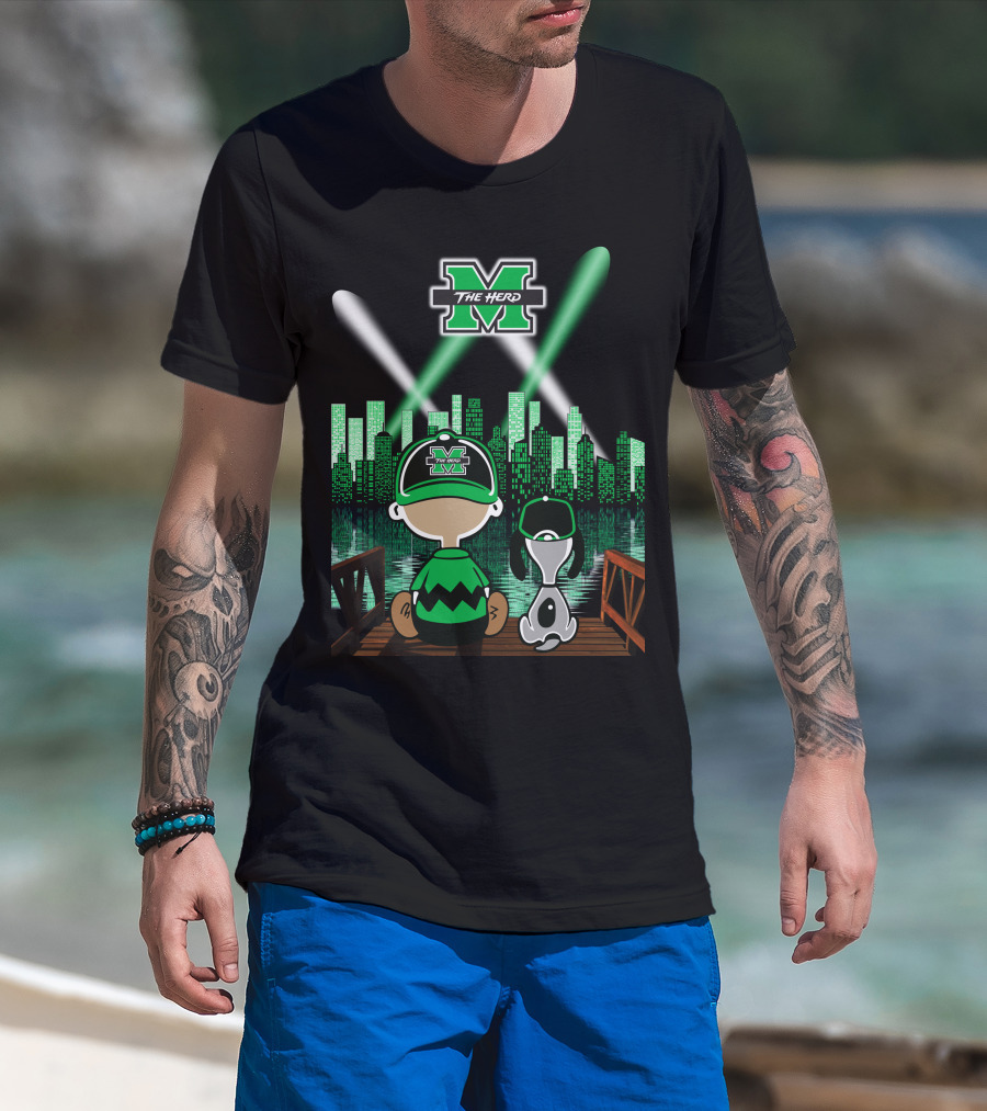 Marshall Thundering Herd Night Cityscape With Mascot And Dog On Bridge T-Shirt