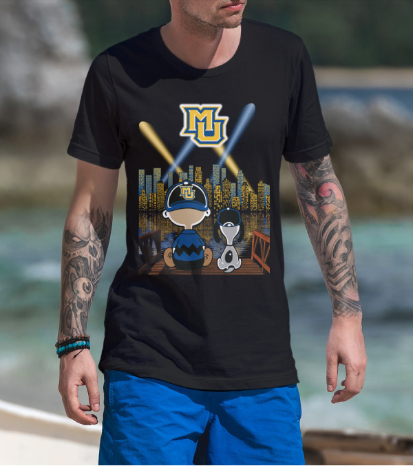 Mu Marquette Golden Eagles Cityscape Night Skyline With Baseball Cap Duo T-Shirt