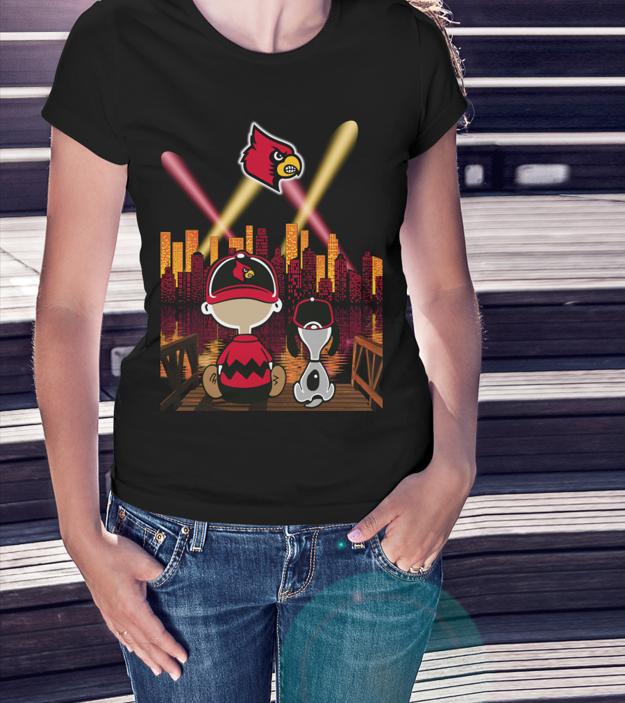 Louisville Cardinals City Lights With Characters Looking At Skyline T-Shirt