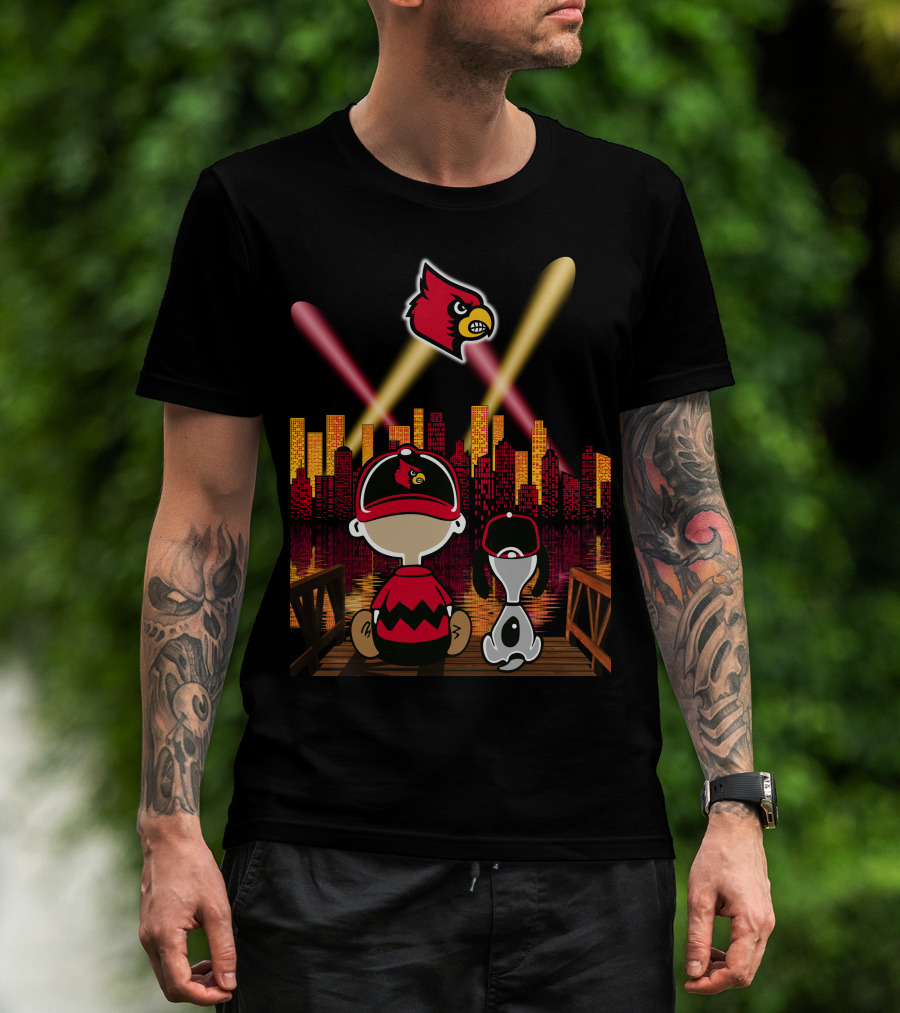 Louisville Cardinals City Lights With Characters Looking At Skyline T-Shirt