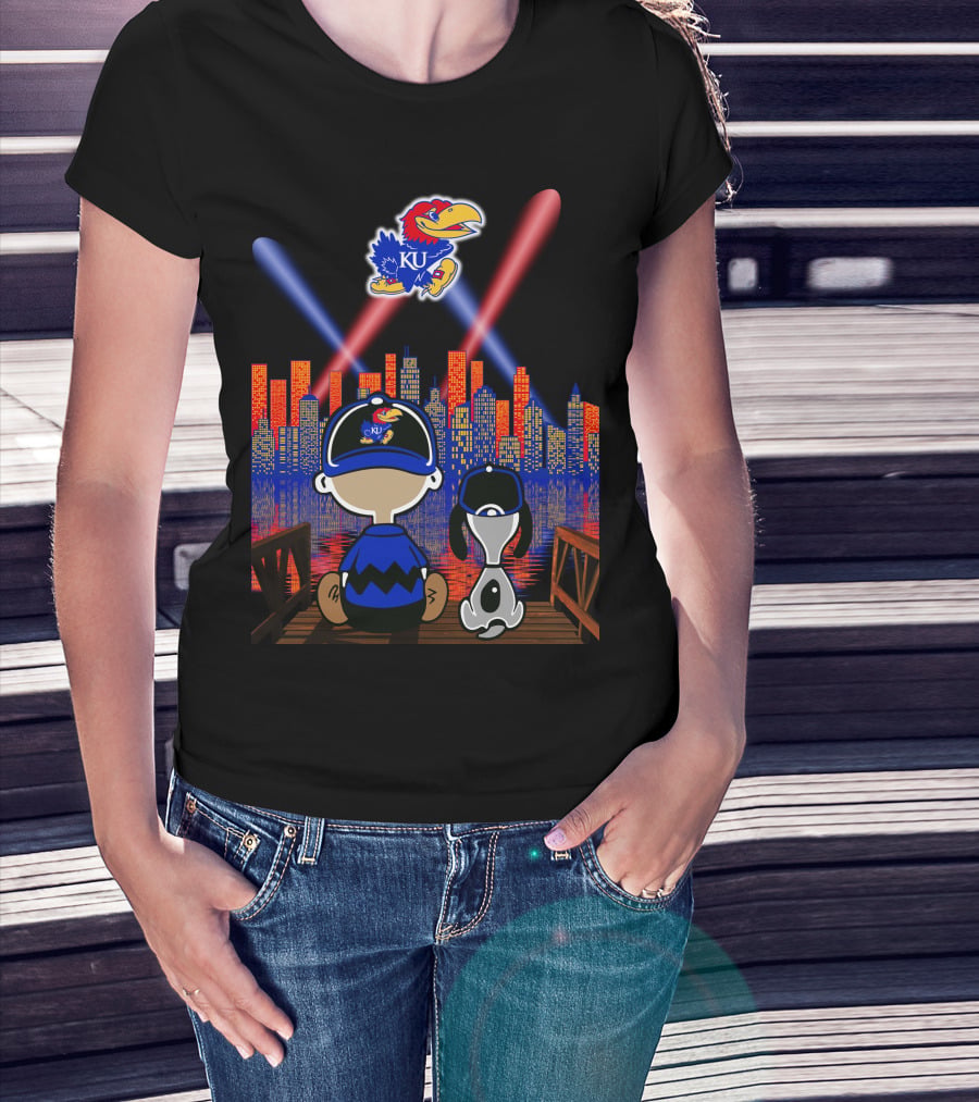 Kansas Jayhawks City Skyline Night Reflections With Mascot And Dog T-Shirt