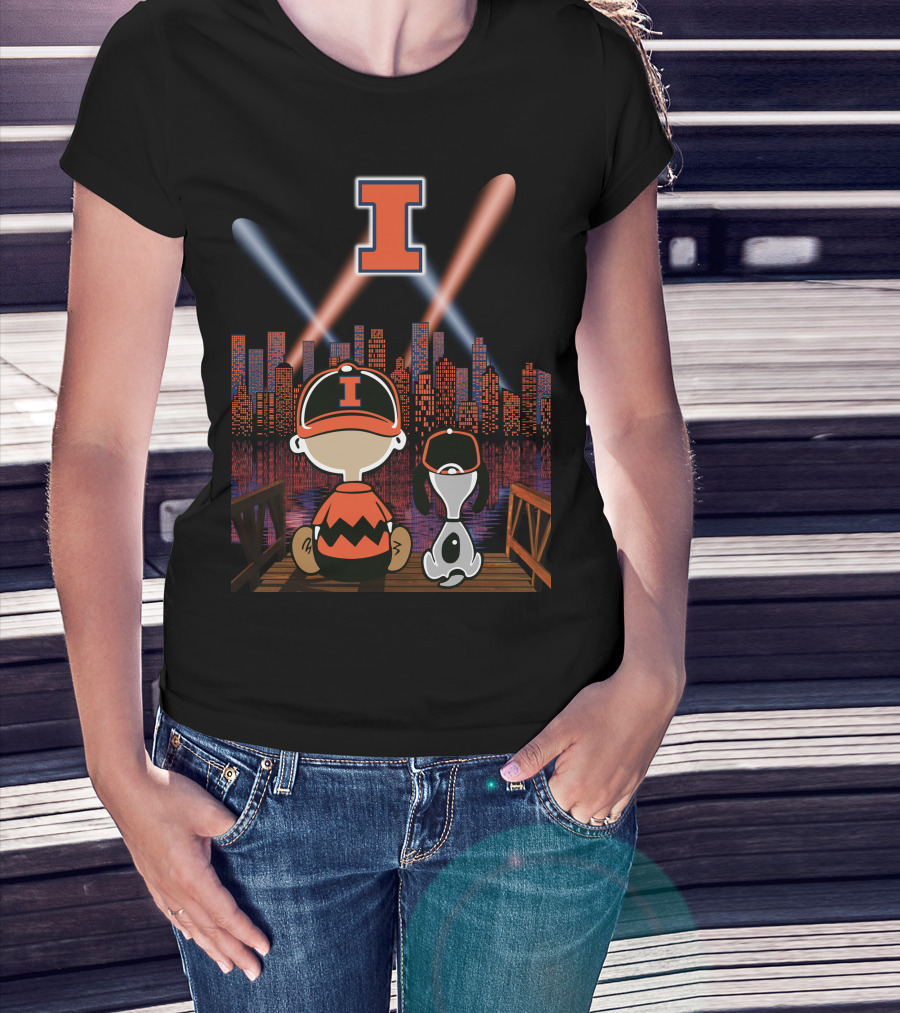 Illinois Fighting Illini Cityscape Nighttime Scene With Iconic Characters And Letter I T-Shirt
