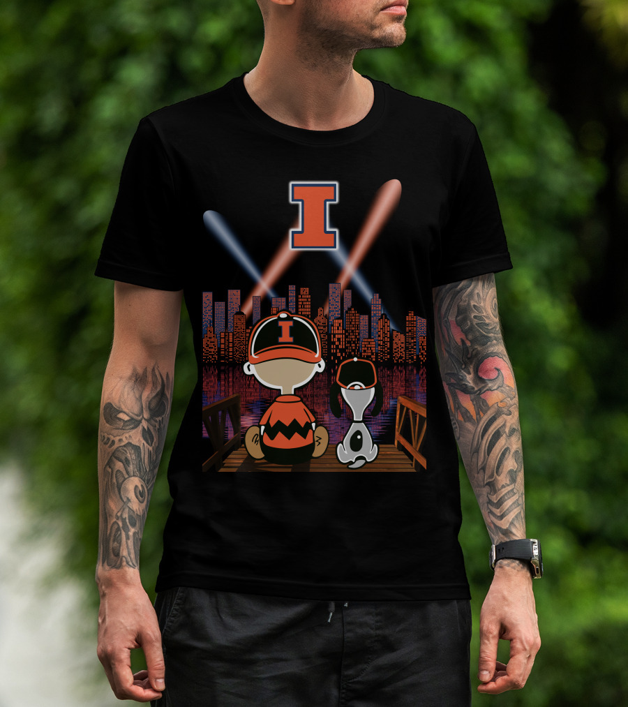 Illinois Fighting Illini Cityscape Nighttime Scene With Iconic Characters And Letter I T-Shirt