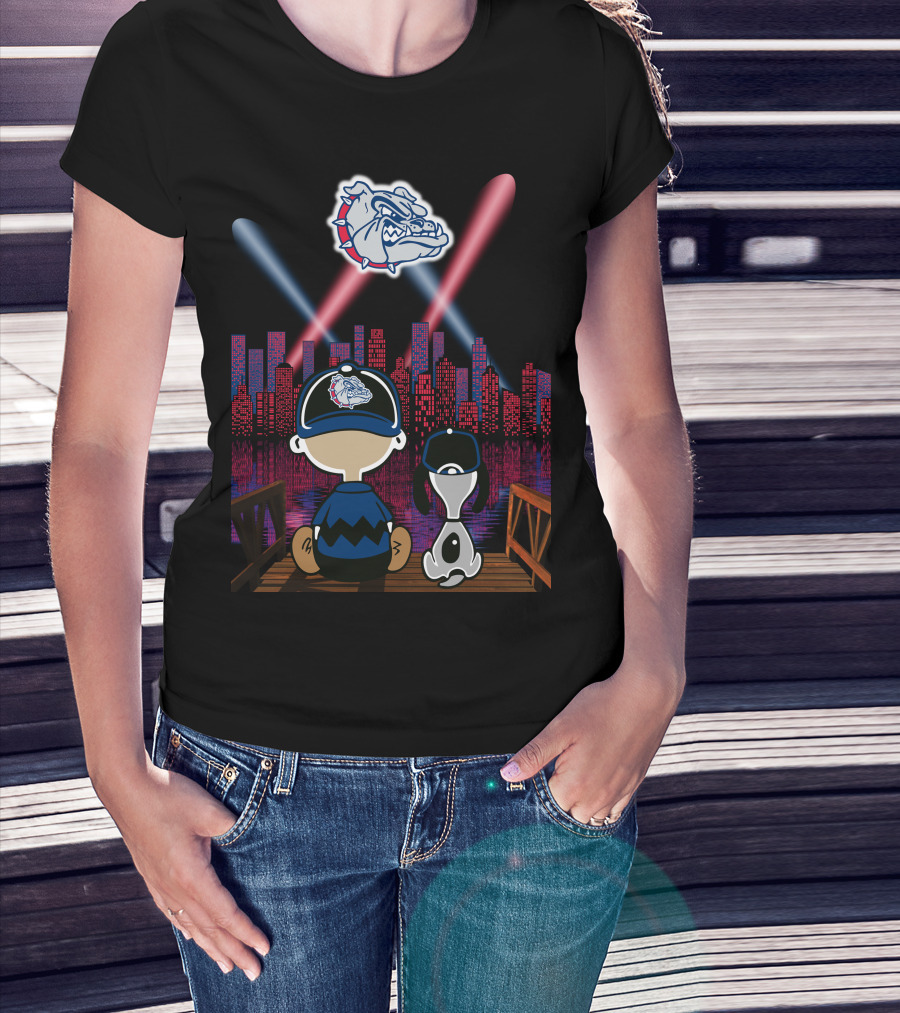 Gonzaga Bulldogs Night Cityscape With Skyline And Cartoon Characters T-Shirt