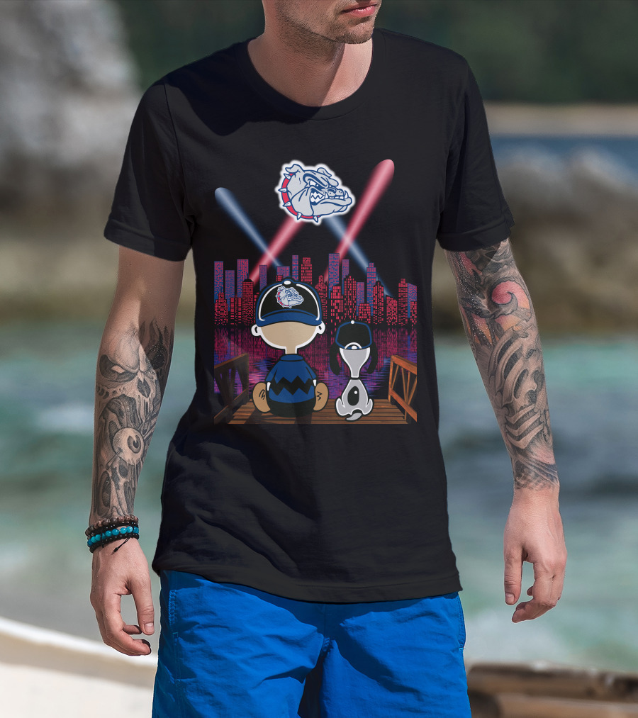 Gonzaga Bulldogs Night Cityscape With Skyline And Cartoon Characters T-Shirt