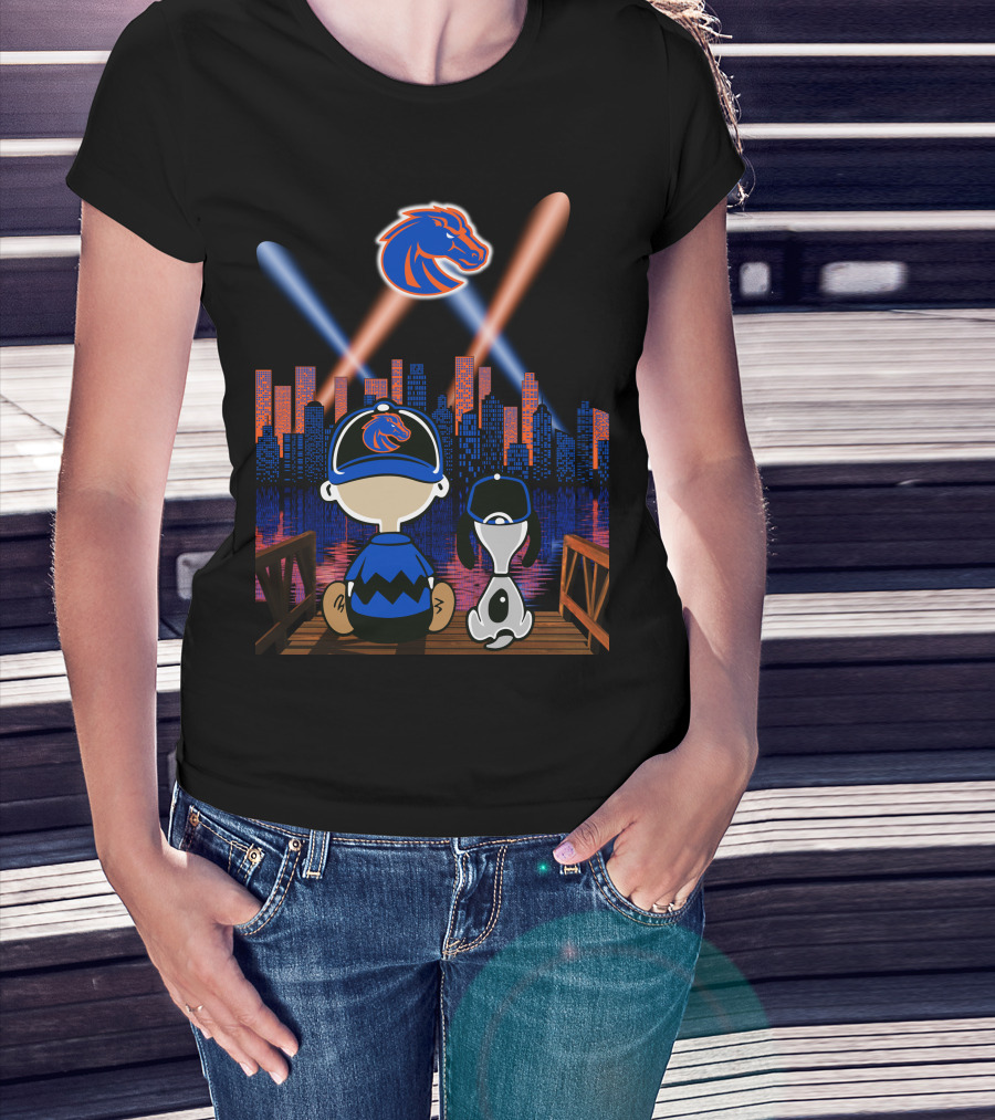 Boise State Broncos City Night Skyline With Cartoon Characters T-Shirt