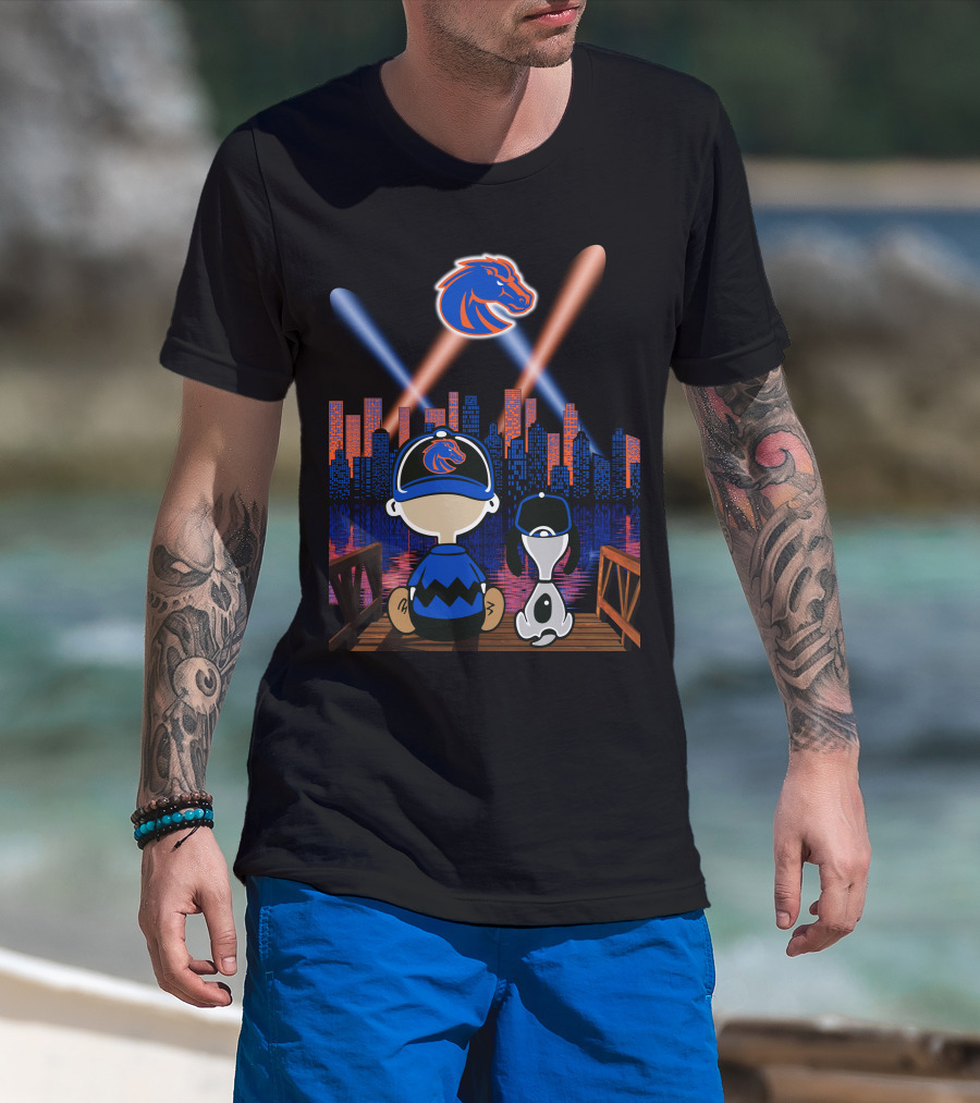Boise State Broncos City Night Skyline With Cartoon Characters T-Shirt