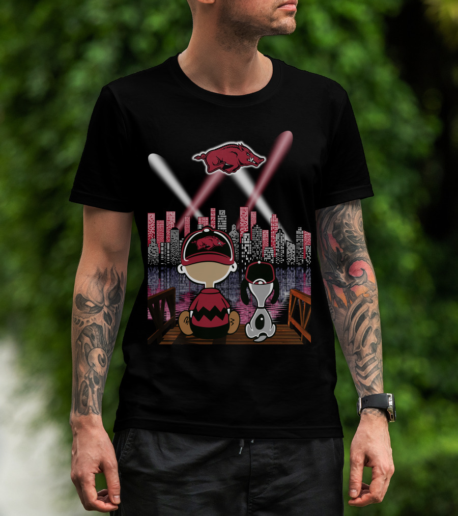 Arkansas Razorbacks '94 Skyline Night Scene With Cartoon Characters And Spotlights T-Shirt