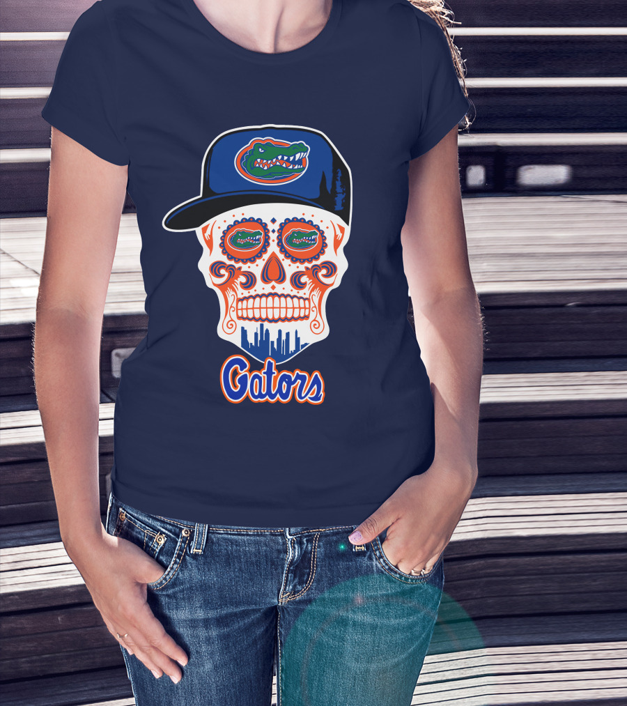 Florida Gators Skull With Alligator Logo And Hat Blue Orange T-Shirt